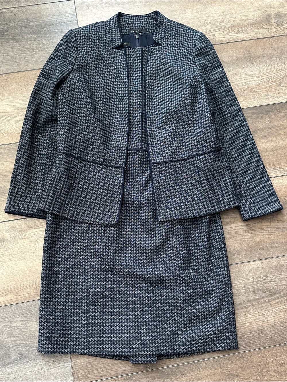 Talbots Navy and Gray Houndstooth Dress and Blazer Suit